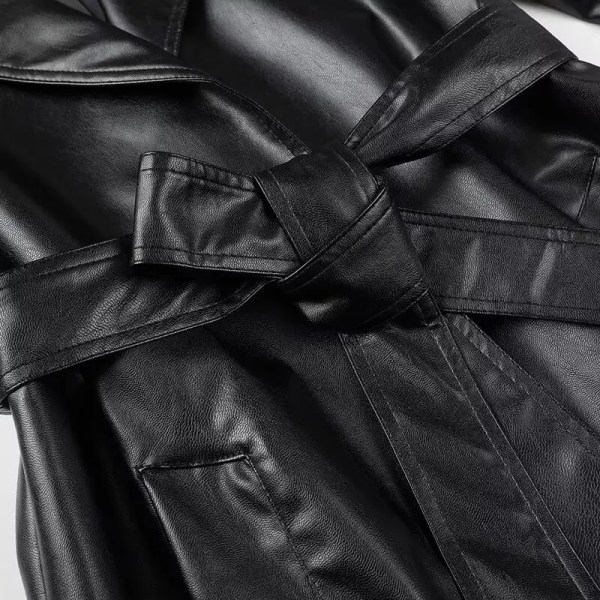 Womens Foe Leather Black Vintage Trench Coat Womens Foe Leather Black Vintage Trench Coat