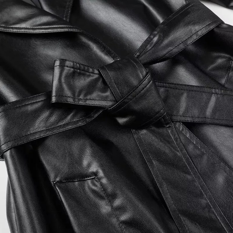 Womens Foe Leather Black Vintage Trench Coat