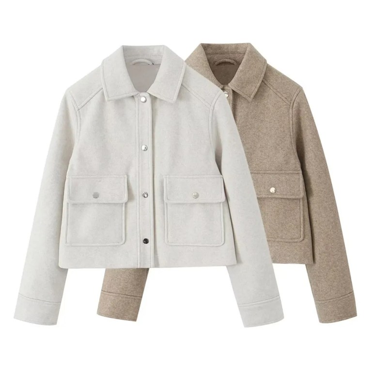 Womens Casual Polo Collar Long Sleeve Textured Straight Cut Jacket