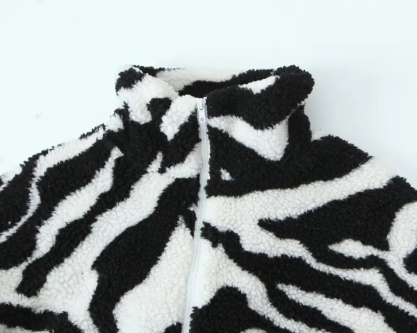 Womens Black and White Faux Wool Vintage Zip Long-Sleeved Jacket High Neck