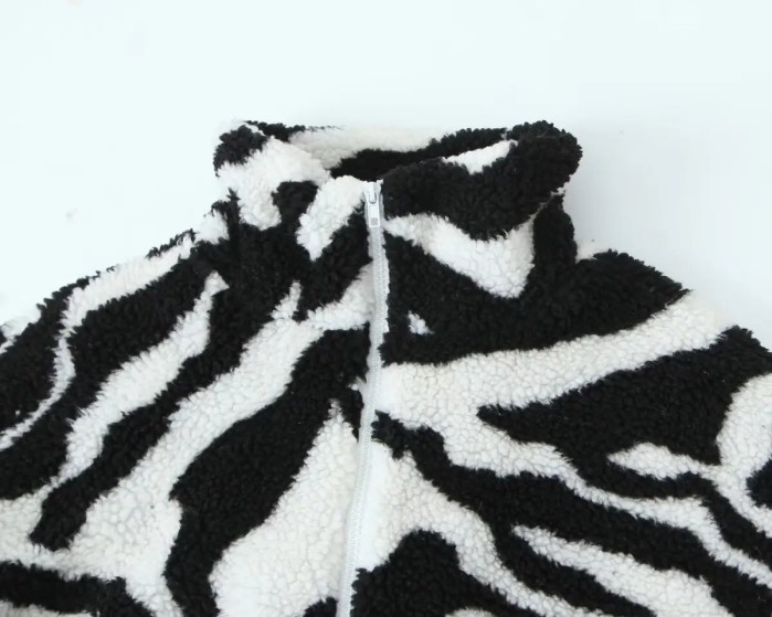 Womens Black and White Faux Wool Vintage Zip Long-Sleeved Jacket High Neck