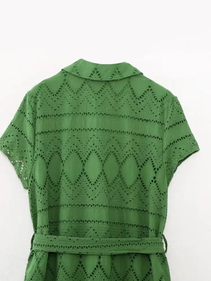Womens Embroidered Green Shirt Style V Neck Long Button dress Womens Embroidered Green Shirt Style V Neck Long Button dress