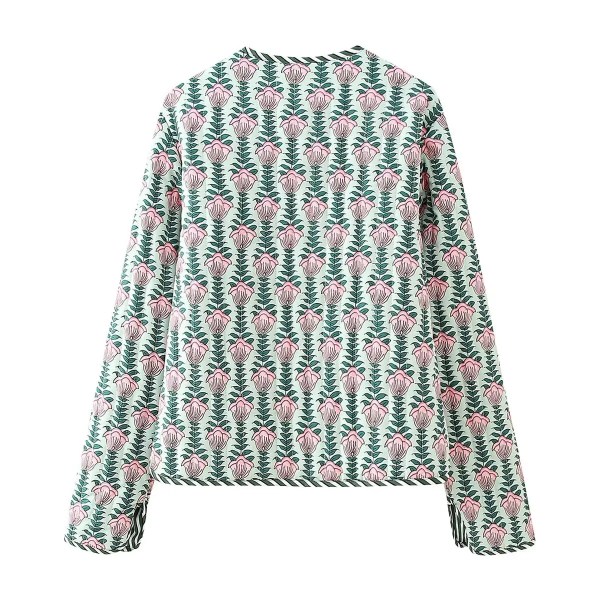 Womens Floral Print Fan Quilted Vintage Coat Pink Green