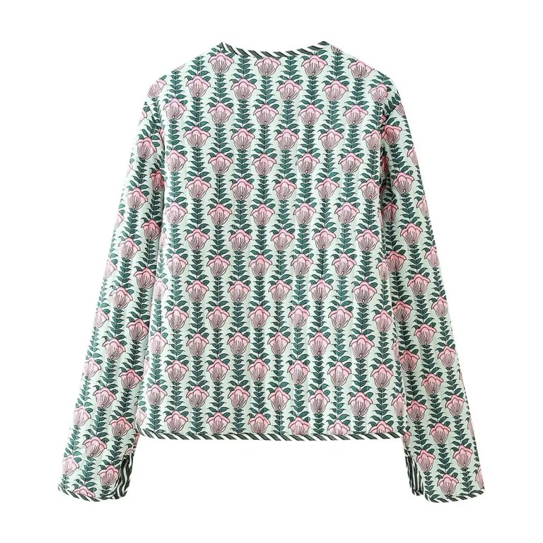 Womens Floral Print Fan Quilted Vintage Coat Pink Green Womens Floral Print Fan Quilted Vintage Coat Pink Green