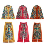 Boojee Boho print Womens Silky Satin loungewear Shirt and Pant Set Boojee Boho print Womens Silky Satin loungewear Shirt and Pant Set