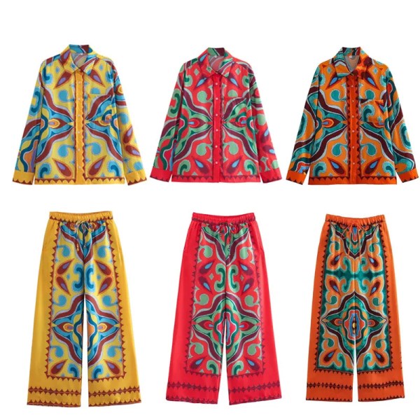 Boojee Boho print Womens Silky Satin loungewear Shirt and Pant Set