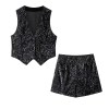Women’s Sleeveless Sequences Short Vest Coat + High Waist Shorts Set
