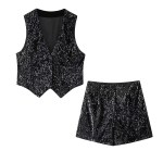 Women’s Sleeveless Sequences Short Vest Coat + High Waist Shorts Set
