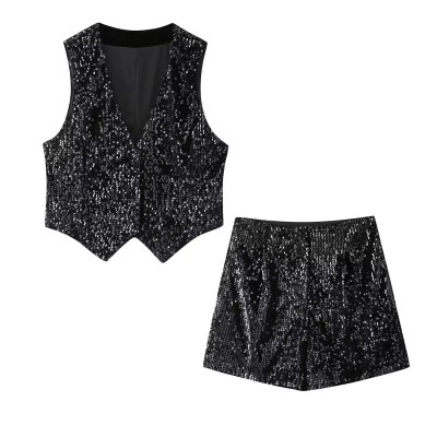 Women’s Sleeveless Sequences Short Vest Coat + High Waist Shorts Set