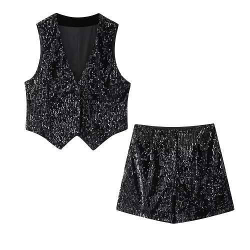 Women’s Sleeveless Sequences Short Vest Coat + High Waist Shorts Set Women’s Sleeveless Sequences Short Vest Coat + High Waist Shorts Set