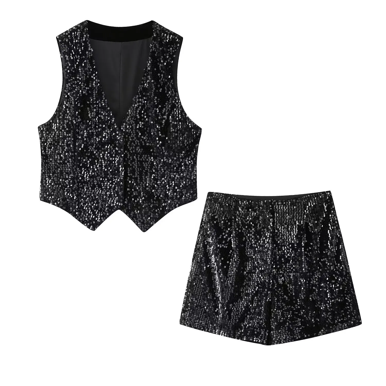 Women’s Sleeveless Sequences Short Vest Coat + High Waist Shorts Set Women’s Sleeveless Sequences Short Vest Coat + High Waist Shorts Set