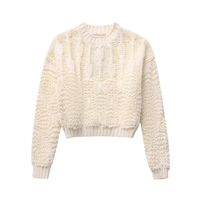 Womens Textured Ivory Knit Round Collar Jumper