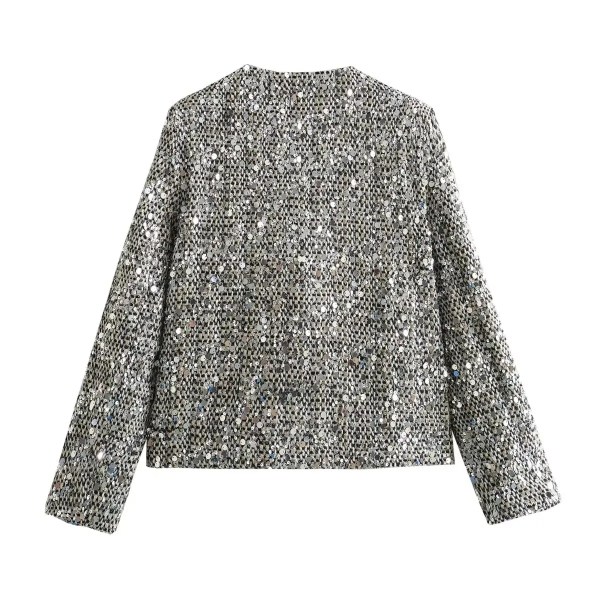 Womens Sequin Tweed Round Collar Vintage Jacket