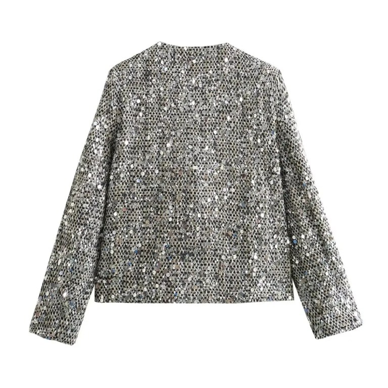 Womens Sequin Tweed Round Collar Vintage Jacket