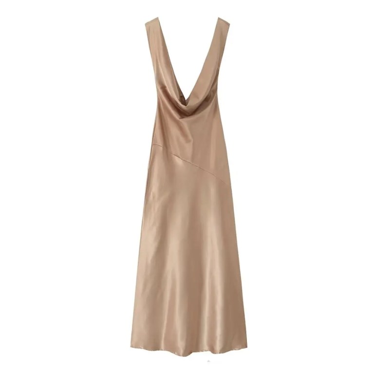 Womens Silk Satin Glam Low Cut Backless Midi Dress in Champagne Gold Womens Silk Satin Glam Low Cut Backless Midi Dress in Champagne Gold