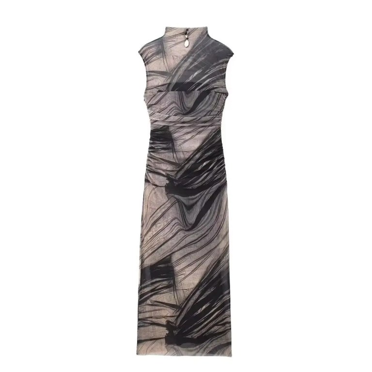 Womens Juan Mesh Sleeveless Ruched Slim Fit Print Midi Dress Womens Juan Mesh Sleeveless Ruched Slim Fit Print Midi Dress