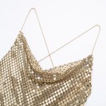 Womens Gold Mesh Spaghettini Strap Backless Slim Mini Party Dress