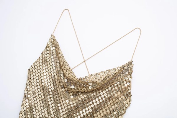 Womens Gold Mesh Spaghettini Strap Backless Slim Mini Party Dress Womens Gold Mesh Spaghettini Strap Backless Slim Mini Party Dress