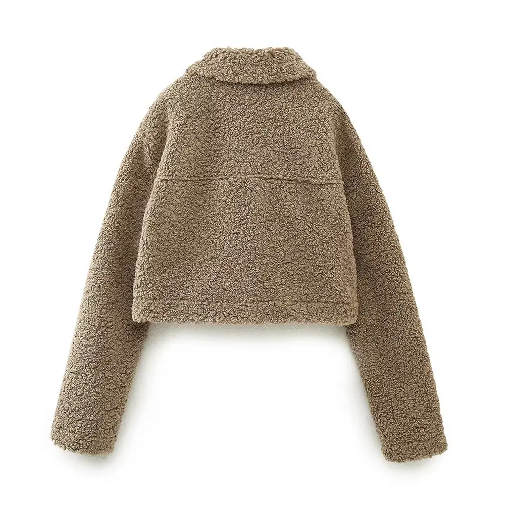 Womens Fleece Short Shirt Pocket Vintage Coat