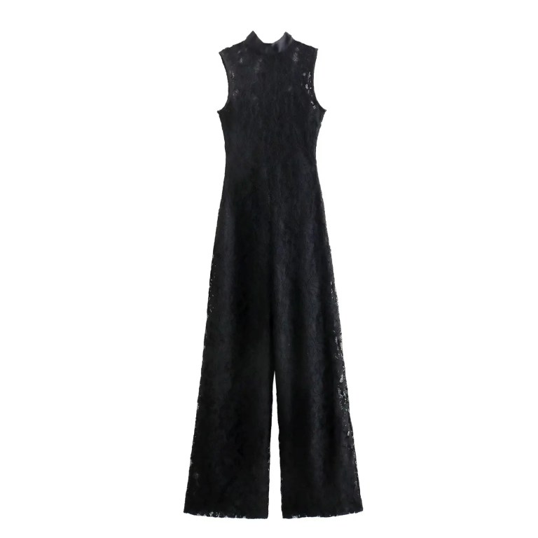 Womens Full Lace Sleeveless Black Playsuit High Collar
