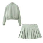 Womens Ice Gray Retro Nylon Zipper Jacket Coat + Pleated Mini Skirt Womens Ice Gray Retro Nylon Zipper Jacket Coat + Pleated Mini Skirt