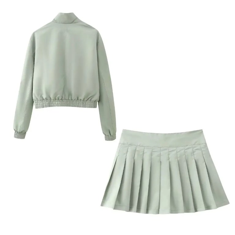Womens Ice Gray Retro Nylon Zipper Jacket Coat + Pleated Mini Skirt Womens Ice Gray Retro Nylon Zipper Jacket Coat + Pleated Mini Skirt