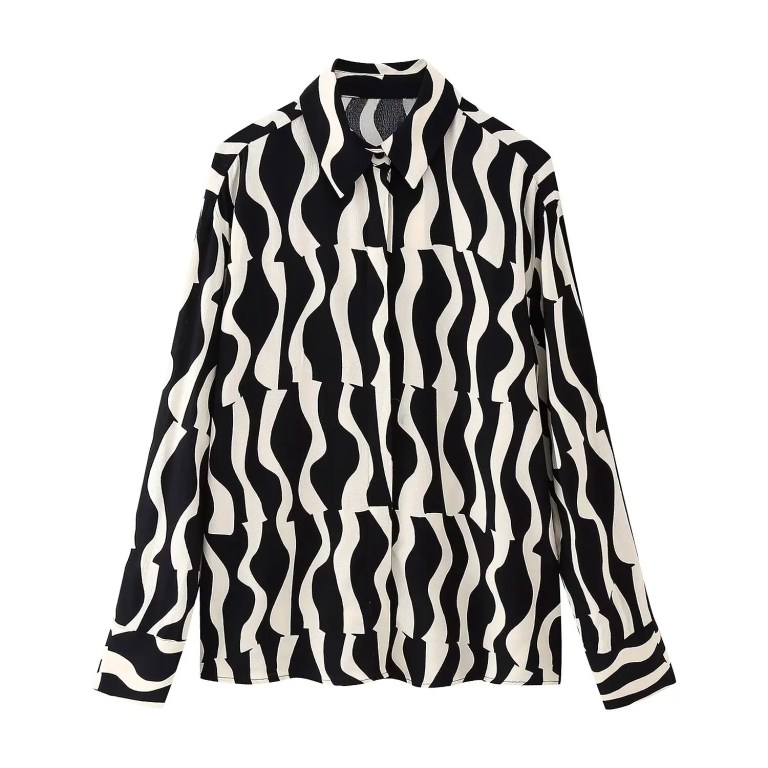 Womens Black & White Swirl Print Shirt + Midi Skirt Set