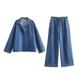 Womens Washed Denim Oversized Shirt & Wide Leg Denim Wide Leg Draw String Pant Set. Womens Washed Denim Oversized Shirt & Wide Leg Denim Wide Leg Draw String Pant Set.