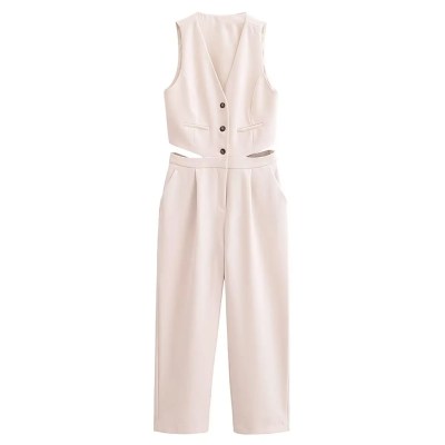 Womens Pleated Long Drop V Neck Side Cutout Vest Playsuit