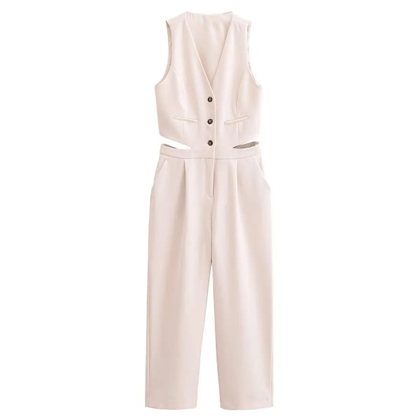 Womens Pleated Long Drop V Neck Side Cutout Vest Playsuit
