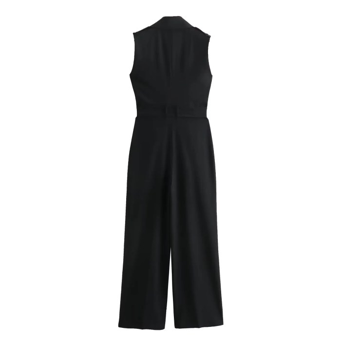 Womens Black Sleeveless Playsuit with Belt Button Pocket Straight Fit Womens Black Sleeveless Playsuit with Belt Button Pocket Straight Fit