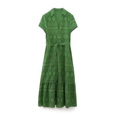 Womens Embroidered Green Shirt Style V Neck Long Button dress Womens Embroidered Green Shirt Style V Neck Long Button dress