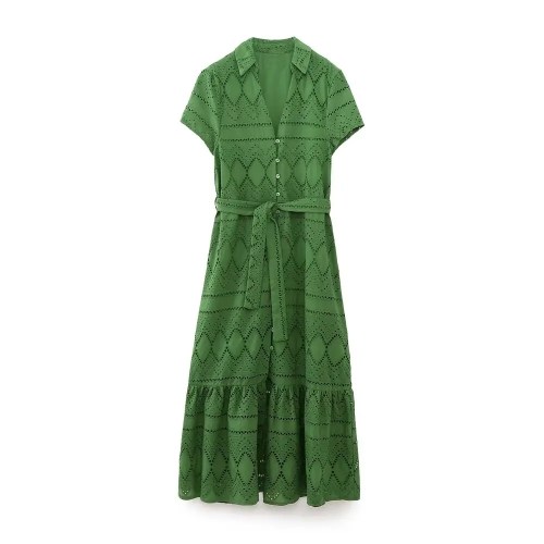 Womens Embroidered Green Shirt Style V Neck Long Button dress Womens Embroidered Green Shirt Style V Neck Long Button dress