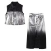 Women Platinum Black Denim Sleeveless Vest Coat + Midi Skirt