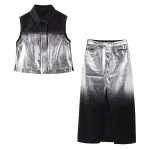 Women Platinum Black Denim Sleeveless Vest Coat + Midi Skirt