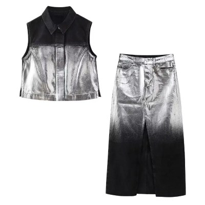Women Platinum Black Denim Sleeveless Vest Coat + Midi Skirt
