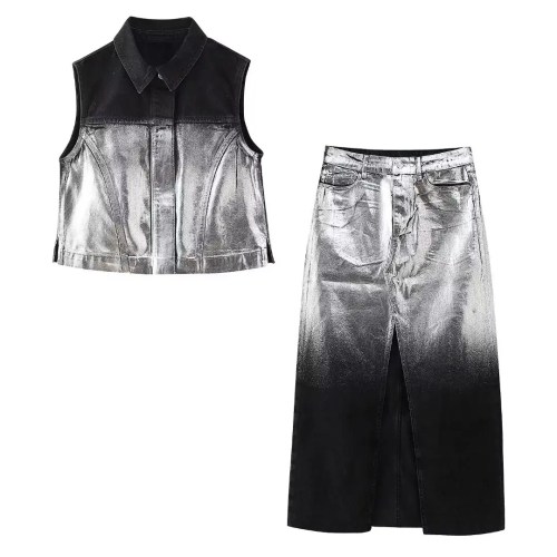 Women Platinum Black Denim Sleeveless Vest Coat + Midi Skirt Women Platinum Black Denim Sleeveless Vest Coat + Midi Skirt