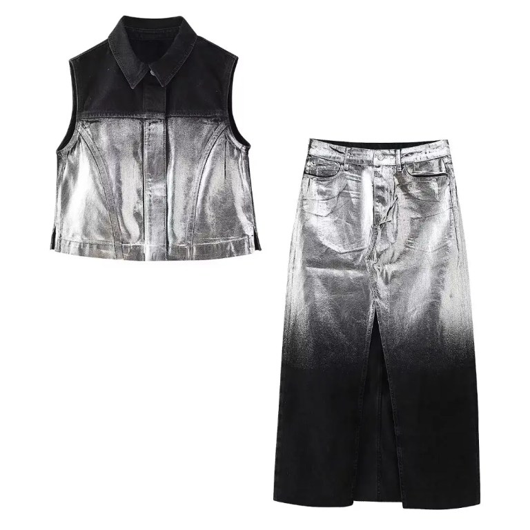 Women Platinum Black Denim Sleeveless Vest Coat + Midi Skirt