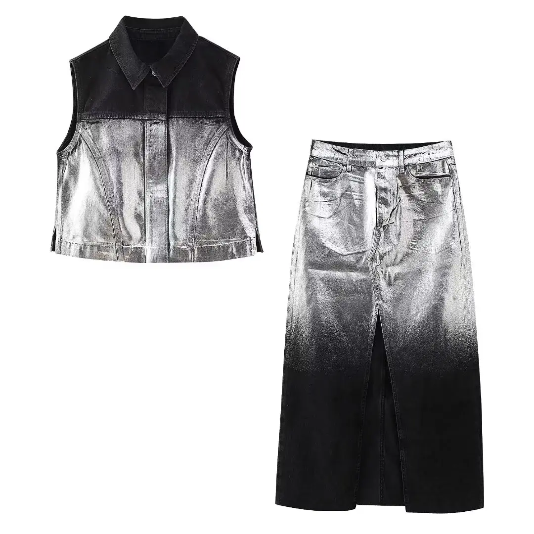 Women Platinum Black Denim Sleeveless Vest Coat + Midi Skirt Women Platinum Black Denim Sleeveless Vest Coat + Midi Skirt
