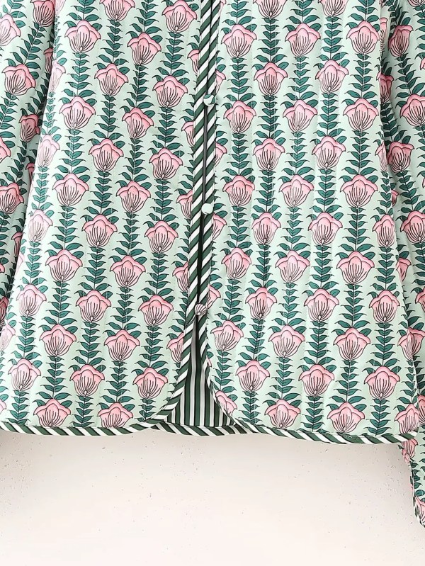 Womens Floral Print Fan Quilted Vintage Coat Pink Green