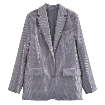 Womens Metallic Silver Straight Cut Sequin Blazer