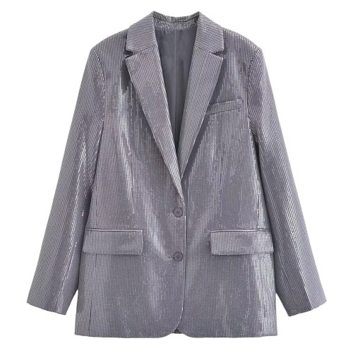 Womens Metallic Silver Straight Cut Sequin Blazer Womens Metallic Silver Straight Cut Sequin Blazer