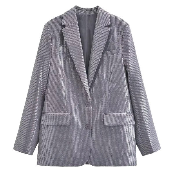 Womens Metallic Silver Straight Cut Sequin Blazer