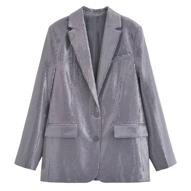Womens Metallic Silver Straight Cut Sequin Blazer