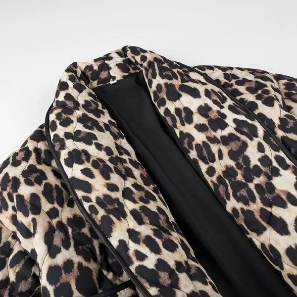Womens Leopard-print Quilted Jacket Vintage Long-sleeve Pocket