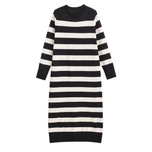 Women’s Round Neck Long Sleeve Dress – Slim Knit Stripped Fit.