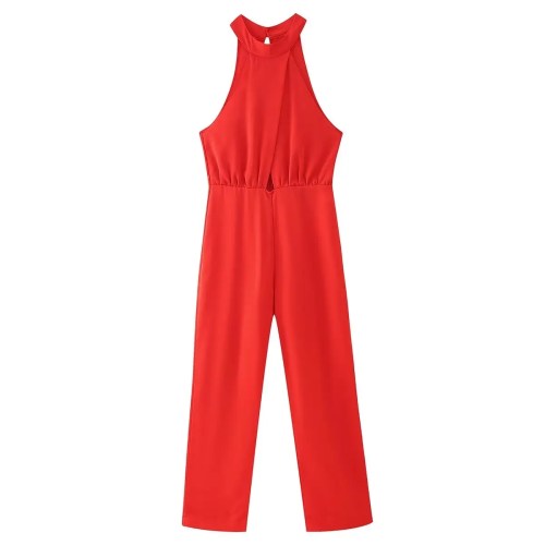 Womens Red Halter Sleeveless Long Wide-leg Jumpsuit Vintage Sleeveless Womens Red Halter Sleeveless Long Wide-leg Jumpsuit Vintage Sleeveless
