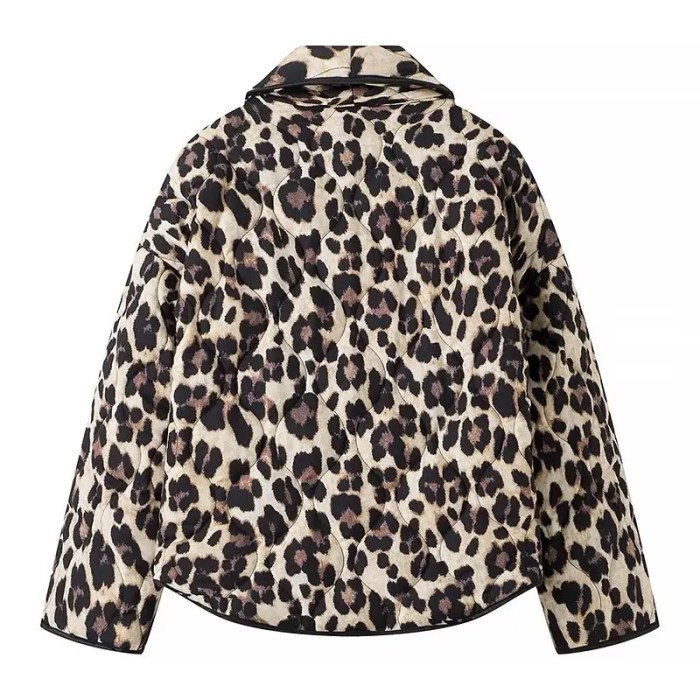 Womens Leopard-print Quilted Jacket Vintage Long-sleeve Pocket Womens Leopard-print Quilted Jacket Vintage Long-sleeve Pocket