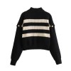 Women’s Buckle Sleeve Black White Strip Gold Button Detail High Neck Knit Jumper