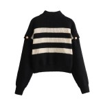 Women’s Buckle Sleeve Black White Strip Gold Button Detail High Neck Knit Jumper